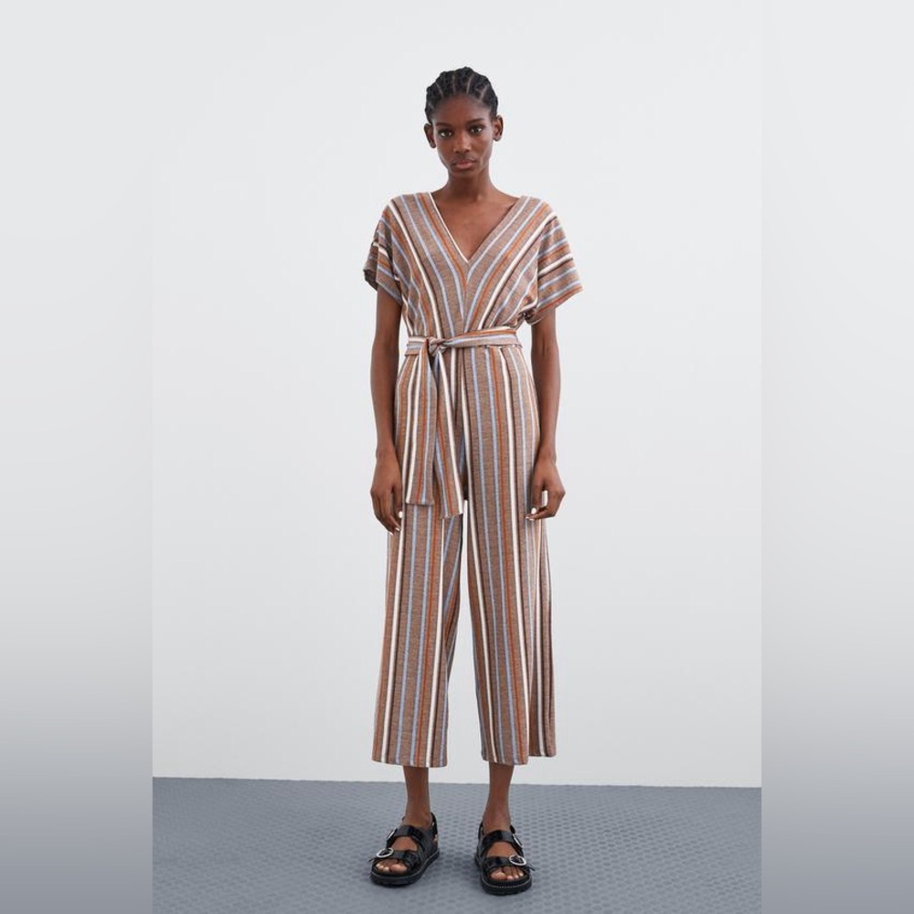 Zara Striped Belted Jumpsuit – Size S (NWT)